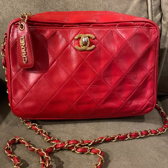 Vintage Chanel Lambskin Quilted Camera Bag Red - Picture 1 of 16